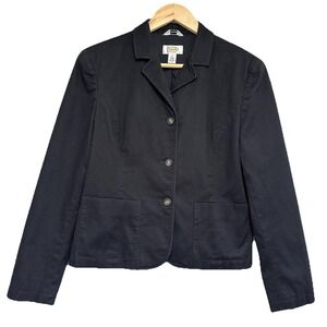 VTG Talbots Cropped Pique Blazer Womens 12 Black Cotton Preppy 3 Button Stretch‎